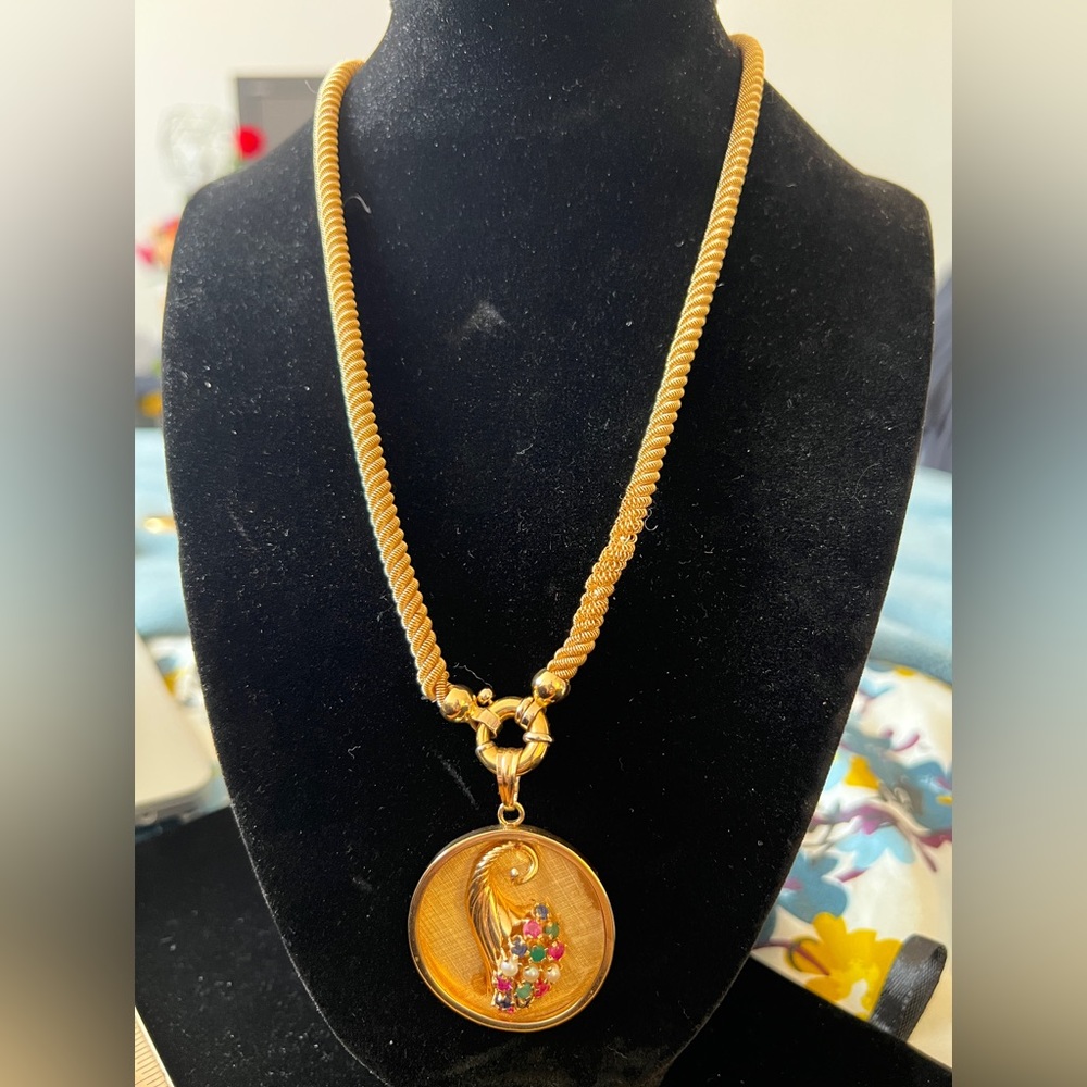 Vintage 18K Gold Heavy Braided Chain w/ 14K Gold Cornucopia Jeweled Pendant